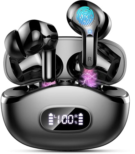 Ordtop Cuffie Bluetooth, Auricolari Bluetooth 5.3 con 4 HD ENC Cancellazione Rumore Mics, 40 Ore HiFi Stereo Cuffiette Bluetooth con LED Display USB-C, IP7 Impermeabili Cuffie Wireless per Android/iOS