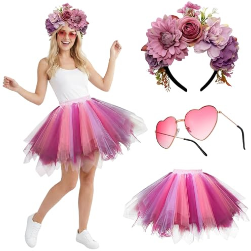HarnyLoom Jupe Tutu Rose en Tulle pour Femme, Bandeau Fleuri, Lunettes de Soleil en forme de cœur, pour le Carnaval, Halloween et les Fêtes à Thème