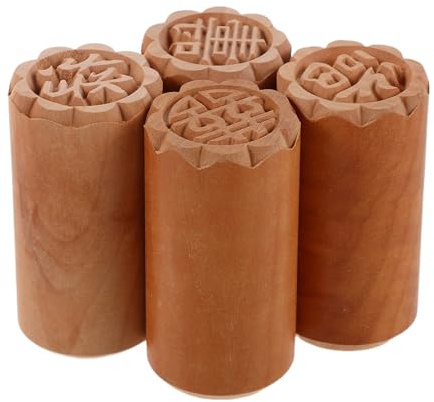 LOORGVEL 4pcs Wooden Mooncake Stamps Set for Baking – Traditional Chinese Moon Cake Pastry Stampers with Fu Lu Shou Xi Designs – Wooden Cookie and Dessert Decoration Tool for Mid-Autumn