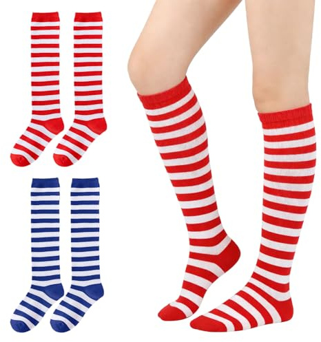 GYIOFAI 2 Paia Calze al Ginocchio Unisex a Righe, Calze a Righe Bianche e Rosse Bianche e Blu Calzini Elfo Donna Bambina, Striped Long Socks Knee-High for School Halloween Cosplay Party Girl Women