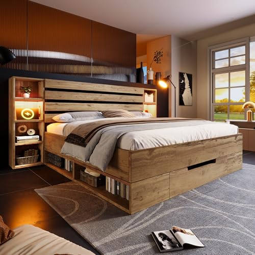 LinoraFurn Doppelbett Massivholzbett 180×200, Stauraumbett Bettanlage mit LED-Beleuchtung und USB C Stauraum-Kopfteil und Schubladen, Bettgestell Lattenrost aus Holz, Eiche(Ohne Matratze)