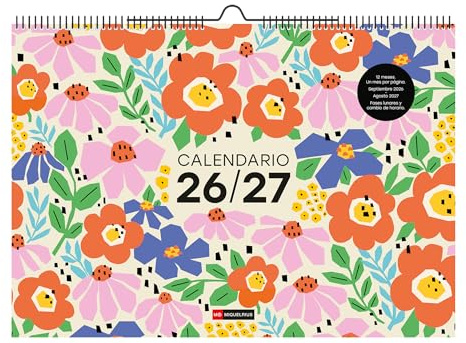 Miquelrius - Calendrier mural 2026-2027, 10 mois, calendrier mural A3 (42 x 29,7 cm), illustration différente chaque mois, espace pour annoter, double spirale à suspendre, autocollants, espagnol