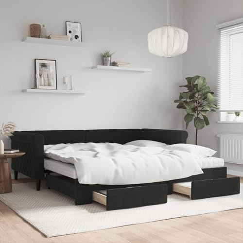 Fecpoo WGYHOME utdragbar dagsäng, 229 x 212,5 cm (utdragbar) svart sammet med 2 lådor och 2 madrasser – praktisk bäddsoffa
