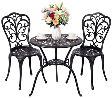 Roomark Ensemble de Bistrot Jardin 3 Pièces en Fonte d'Aluminium, Salon de Jardin Extérieur avec Trou pour Parasol, Table et 2Chaises Vintage pour Balcon, Terrasse, Noir