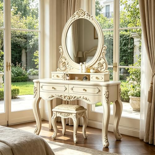 ASYJVWYZ Toilette Vintage Con Intaglio, Set Da Trucco, Con Cassetti For Sgabello, Specchio Rimovibile, For Camera Da Letto, Bagno, Donne, Ragazze(100x47x162cm)