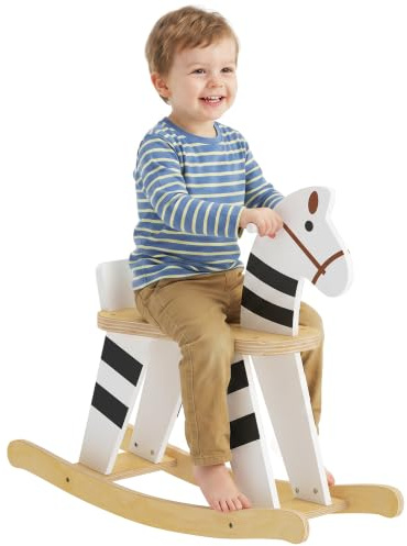 AIYAPLAY Cheval à Bascule pour Enfant Base en Bois Dossier Noir et Blanc | Jouet à Bascule pour Enfant, Facile à Monter, Cadeau Fille & Garçon 18 Mois à 3 Ans