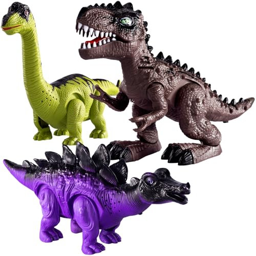 TEMI 3er-Pack elektrisch laufende Dinosaurier-Spielzeuge mit Brüllgeräuschen und Lichtern, realistischer Roboter T-Rex für Kleinkinder 2-3-5 Jahre, Brachiosaurus, Stegosaurus-Dinosaurierfiguren