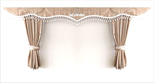 Perflex Vorhänge für Schlafzimmer, mit weißen Pompons und Haken, mit Scania-Logo, Beige
