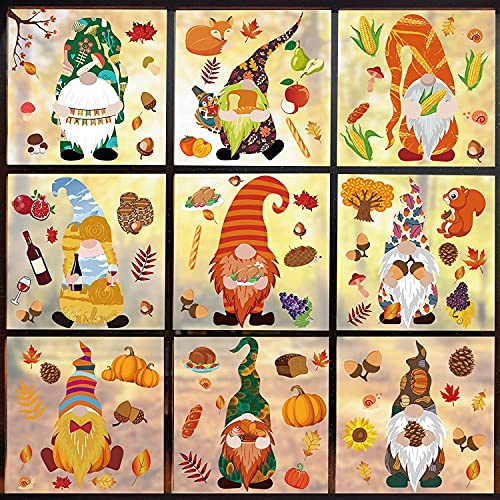 Autocollants Decoration pour Fenetre Deco Automne, Grand Gnome PVC Stickers Impression Double Face, 9 Feuilles Statiques auto-adhésifs Thanksgiving Sticker pour Halloween Decoration