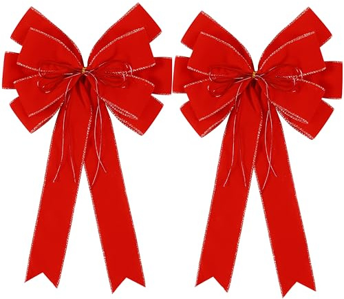 2 Pack Red Christmas Bows Outdoor Decorations,12”x20” Large Velvet Wreath Bow with Glitter String Gold Edge for Xmas Tree Topper Home Front Door Decor