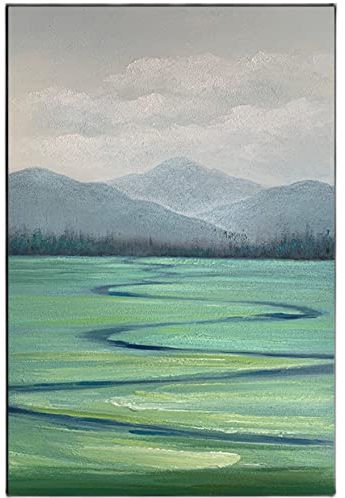 Handgemalte Acrylbilder,Modernes Abstraktes Grünes Grasland Gebogener Bach Berglandschaft Kunstwerk Rahmenlose Original Handgemalte Ölgemälde Auf Leinwand Wandkunst Für Wohnzimmer Schlafzimmer B
