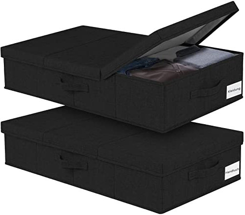 JUPELI 2 Stück Faltbarer Unterbett Aufbewahrungsbox Schwarz, 15cm Hoch Unter Bett Aufbewahrungskisten Flach, Unterbettkommode Stabil mit Deckel und Griff Für Decken, Kleidung, Steppdecken, Spielzeug