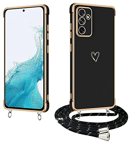 E-Lush Handyhülle für Samsung Galaxy A54 5G Hülle mit Band, Herz Love Muster Galvanik Silikon Handy Hülle für Samsung A54 5G Schutzhülle mit Kordel zum Umhängen Kameraschutz Stoßfeste Case Schwarz
