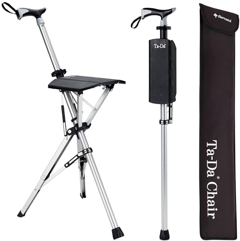 Ta-Da-stol – promenadstav med säte, ultralätt aluminiumram och robust hopfällbar pall (upp till 110 kg), hopfällbar design, perfekt för resor och sightseeing (svart, S (82 cm)