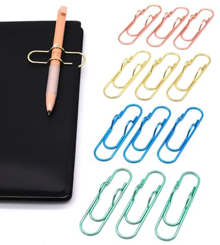 NELJIBEHU 12-pack pennhållare klämmor för anteckningsbok, journal och bok, perfekt för studenter, yrkespersoner och lärare, pennögla hållare för kontor och skola (3 guld, 3 roséguld, 3 blå, 3 grön)