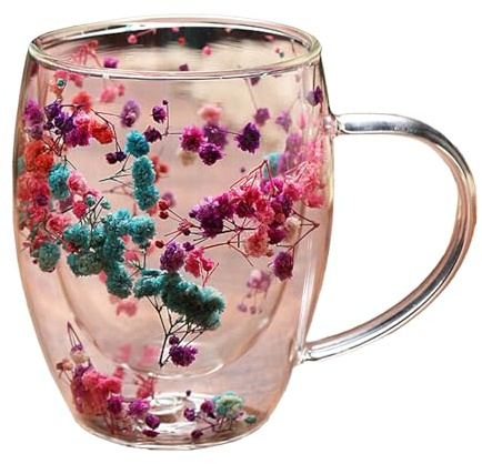 Doppelwandige Kaffeetasse aus Glas mit Henkel, Doppelschichtige Tasse mit Getrockneten Blumen, Tassen für Cappuccino, Kaffee, Tee, Milch, Isolierte, Hitzebeständige Glastasse,