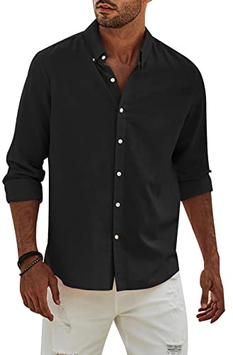 Elegancity Camisa de Lino Manga Larga para Hombre Camisas Informales de Verano Camisa Suelta de Ocio de Color Sólido con Botónes Top，Nero XL