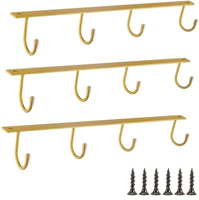 Juqumty 3 Pcs Under Cabinet Mug Rack 40cm Coffee Mug Holder - Gold | Metal, Coffee Cup, Holder, for Kitchen, Bar, Café, Hanging Display, Drying Hook, Countertop,