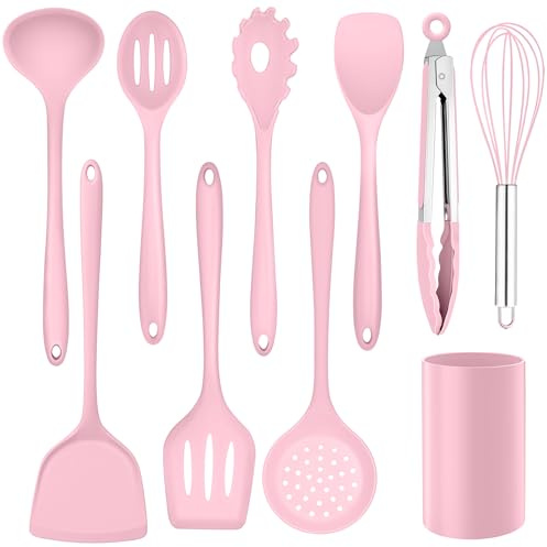 Homikit Küchenhelfer Set, 10 Stück Silikon Küchenutensilien Kochutensilien Set mit Utensilienhalter, Antihaft Hitzebeständiger Kochbesteck für Kochen Backen, Gesund & Spülmaschinenfest, Rosa