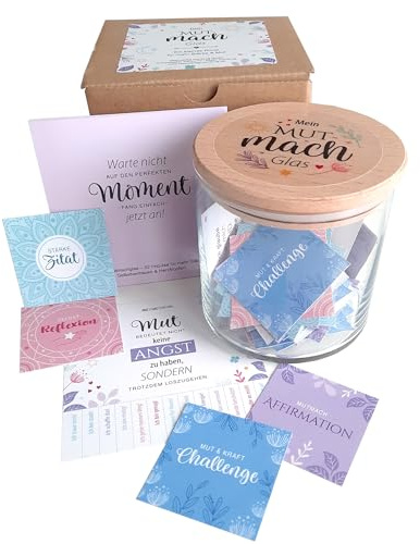 Ideenverlag HAMBURG Wunscherfüller Gedankenglas „Mut Frauen/Männer oder Abschiedsgschenk Kollegen | Made in Germany in Handarbeit | 52 Mutmach-Challenges | Kleines Dankeschön