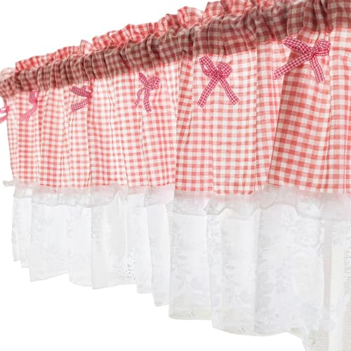 Cortina de cenefa a cuadros con encaje y detalle de lazo para cocinas, baños, cafeterías y restaurantes, 42 x 18 pulgadas