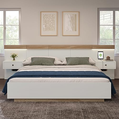 Gelukueub Doppelbett Bettanlage mit 2 LED Nachtkommoden& USB C Steckdose Holzbett inkl. 2 Nachttischen Schlafzimmer Komplett Set in Eiche Sonoma/Weiß(Ohne Matratze) (140 x 200 cm)