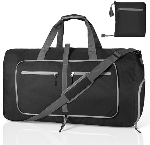 Hahorpa Borsone da Viaggio Grande 85L, Borsone Palestra Impermeabile per Uomo e Donna, Borsa da Viaggio Pieghevole con Scomparto per Scarpe e Tracolla per Viaggio, Campeggio e Sport, Nero
