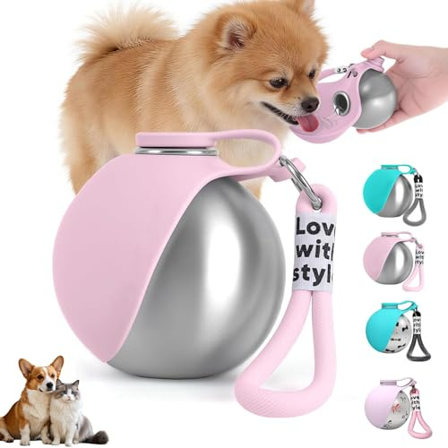 Trinkflasche Hunde für Unterwegs, Hundetrinkflasche für Unterwegs mit Silikonnapf, 285ML Edelstahl Auslaufsichere Hunde Trinkflasche für Katzen&Hunde Spaziergänge und Wanderungen (Rosa A)