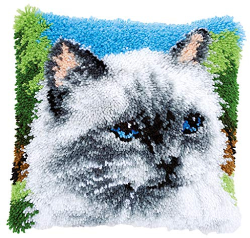 Vervaco Knüpfkissen Set Deko Kissenbezug Knüpfset für Anfänger SILVER CAT Basteln Erwachsene Kreativ DIY Handarbeit Kissen zum Selber Knüpfe 40 x 40 cm Latch Hook Kit Knüpfhaken Set Kissen