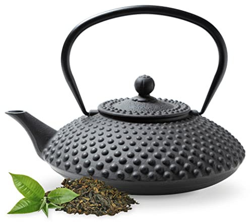Tealøv Kambin THEIERE FONTE1,25 LITER - Théière en Fonte avec Infuseur - Entièrement émaillée de l'intérieur - Prépare Une Tasse de Thé Parfaite – Design Authentique Japonais à Picots - Noir