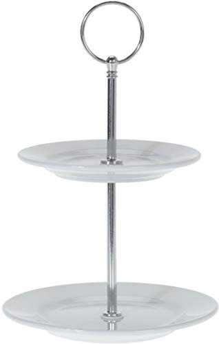 Excellent Houseware - Alzata a 2 Piani, Rotonda, in Ceramica, Altezza 21,5 cm, Colore: Bianco