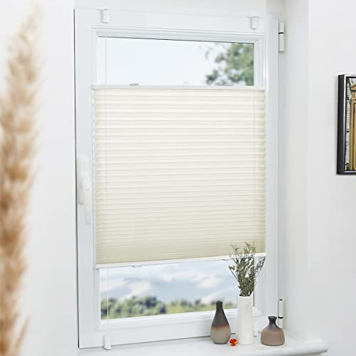 Grandekor Plissee Klemmfix ohne Bohren Beige 35x120cm(BxH) Plissees lichtdurchlässig Blickdicht Jalousien ohne Bohren Fensterrollo Klemmrollos Sonnenschutz Sichtschutz Faltrollo Rollos für Fenster