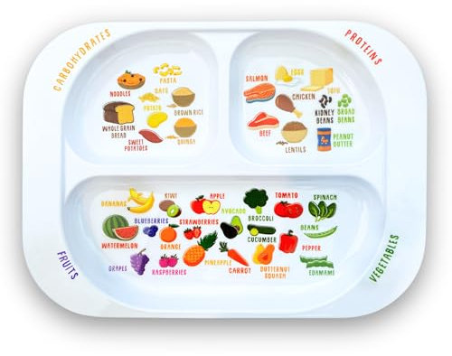 j&m Healthy Learning Plate, Divided Portion Control with Sections to Learn Nutrition, Food Groups & Portion Sizes, Dishwasher-Safe