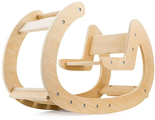 Mamabrum Balançoire en bois naturel avec dossier & butées de sécurité – Jouet d’éveil et de motricité pour enfants dès 1 an – Développe équilibre et coordination - 58x28x42 cm