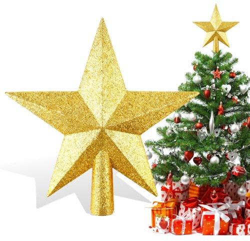 Estrella para Árbol de Navidad Dorada | Adorno para la Copa del Árbol con Purpurina | Christmas Tree Topper | Punta Ligera y Resistente para Abeto y Pinos de Navidad, 20cm, Oro