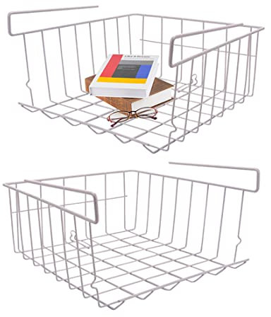 Unterregal Aufbewahrungskorb, Hängekorb Metall Hängekorb Regal Unter Schrank Hängekorb Metall Korb-Organizer Regaleinhängekorb für Küche, Büro, Speisekammer, Bad, Schrank, 2 Stück Weiß