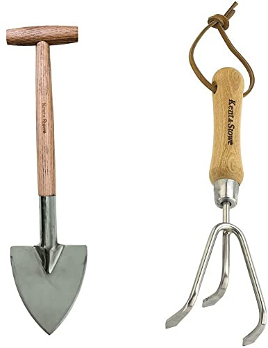 Kent & Stowe Staudenspaten – Profi-Spaten aus Edelstahl, für die Verwendung im Beet, 54 cm & 3 Zinken-Grubber – Handgrubber aus Edelstahl, zum Aufbrechen verhärteter Böden, 28 cm