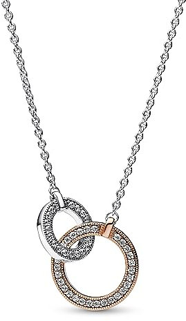 Pandora Signature Two-tone Intertwined Circles sterling silver and 14k rose gold-plated necklace with clear cubic zirconia