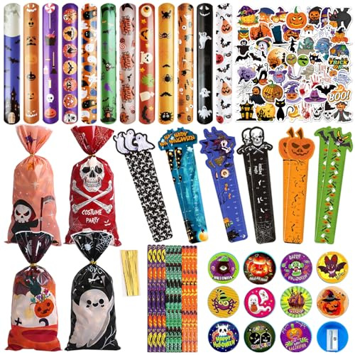 Halloween Schreibwaren Set, 110 Stück Halloween Mitgebsel Kinder, Halloween Party Mitgebsel, Halloween Schreibwaren Inklusive Bleistifte Lineale Slap Armbänder, Party Zubehör für Halloween Geschenk