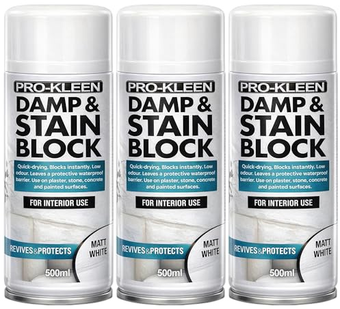 Pro-Kleen Damp & Stain Block Spray Paint Primer White Matt 3 x 500ml - Covers Damp, Mould, Grease, Nicotine & Rust Stains - for Walls & Ceilings - Leaves a Waterproof Barrier