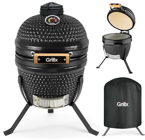 GrillX Kamado 13 Pouces - Couverture Incluse - Barbecue Egg - Barbecue au Charbon de Bois - Noir - Ø 27 cm