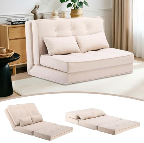COMHOMA Sofá Convertible de 2 plazas Cama Pequeña Sofá Respaldo Ajustable de 6 Niveles, Adecuado para Salón, Dormitorio y Camping, Beige