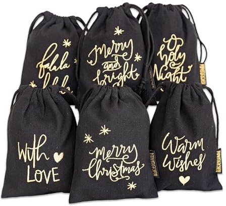 Papierdrachen Geschenksäckchen aus Stoff - 6 Stück 13 x 18 cm - schwarz mit goldener Stickerei - Beutel zum Befüllen - Verpackung für Weihnachten 2025