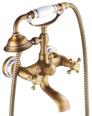 Badewannenarmatur Wannenbatterie Retro Vintage Messing Doppelhebel Wandmontage Wannenarmatur Badewanne Amatur mit Handbrause Wannenmischer Dusche Set Messing Antik Finish