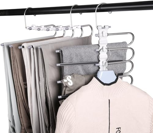 Trouser Hangers Space Saving,5 In 1 Stainless Steel Non-Slip Hangers for Trousers,2 pack Multi-Functional Closet Organizer for Pants Jeans Scarf Towels Leggings