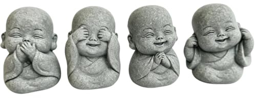LWDUDE 4-in-1 Mini Buddha Statue Set - See/Hear/Speak/Think No Evil, Zen Feng Shui Decor for Home, Aquarium, Garden, Office - Spiritual Resin Figurines with Blessing Amulet (1.37 Inch Each)