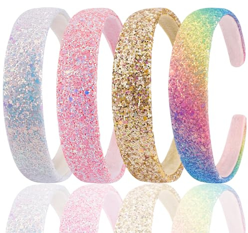 FloralGrace 4 Stück Glitzer Haarreifen für Mädchen, Funkelnde Pailletten Stirnbänder, Rutschfeste Haarbänder für Kinder und Mädchen (Weiß, Pink, Gelb, Bunt)