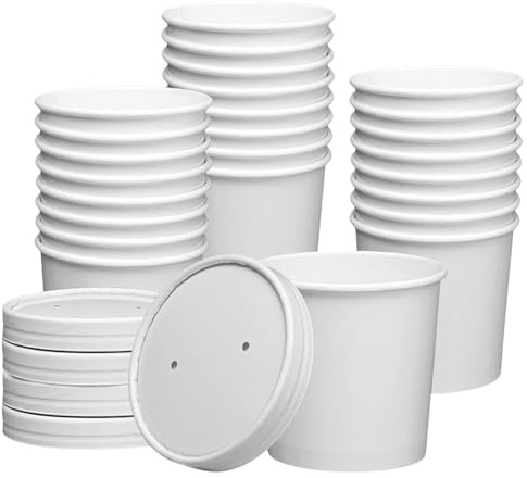 CaterCo Disposable White Soup Containers with Lids (12oz / 340ml - 100 Pack) White Paper Takeaway Paper Soup Cups, Microwave & Freezer Safe Ice Cream Cowl, Eco-Friendly (12oz / 340ml - 100 Pack)