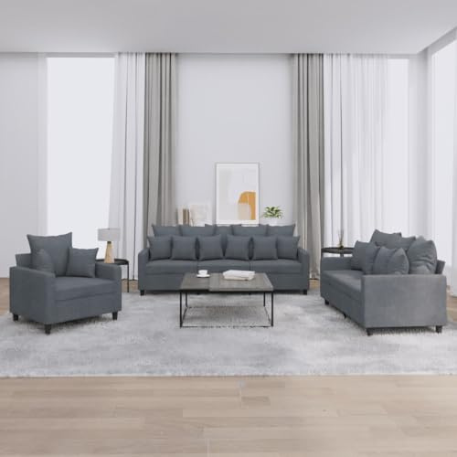 Brokky 3er-Sofagarnitur mit Kissen - Wohnzimmer Sitzgruppe - Samt - Dunkelgrau / 3201681