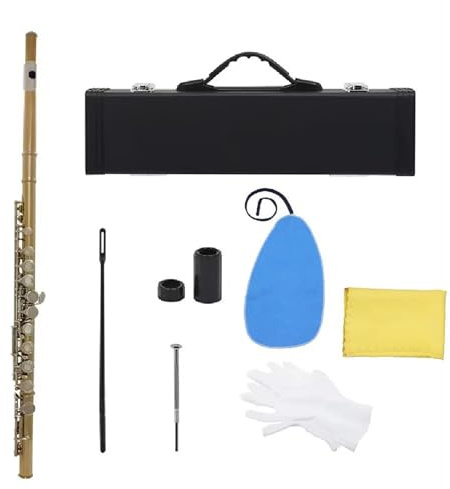 Querflöte Instrument 16 C-Flöte Mit Geschlossenem Und Offenem Loch Professionelles Querflöte-Konzertmusikinstrument Mit Box Stoffstäbchen Und Handschuhen(Gold Silver Key)
